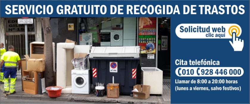 Servicio de Recogida gratuita de trastos - Solicitud web en este enlace - Cita telefónica 010 928446000 de Lunes a viernes de 8:00 a 20:00 horas