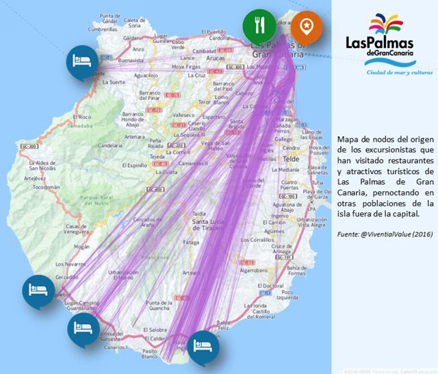 Mapa de isócronad de 20,40,60 minutos en los desplazamientos a pie de los cruceristas que visitan Las Palmas de Gran Canaria, en base a sus opiniones compartidas en Internet respecto a los alojamientos, restaurantes y atractivos turísticos. (Fuente: @ViventiaValue-2016)