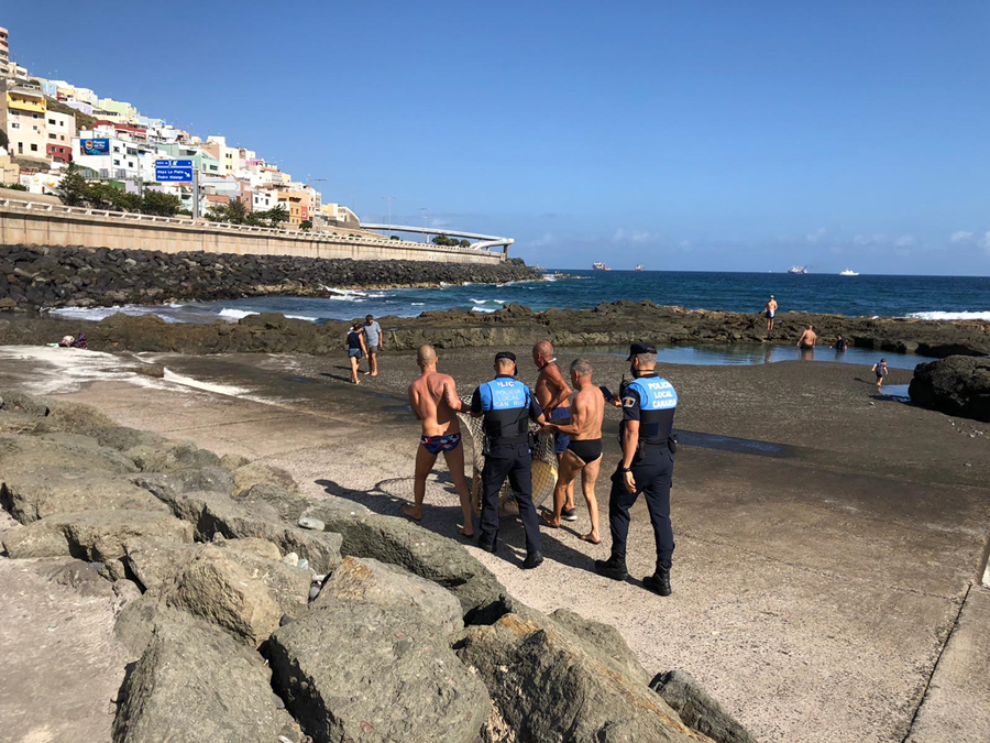 Una mantelina atrapada en las Piscinas de La Laja es rescatada y devuelta al mar