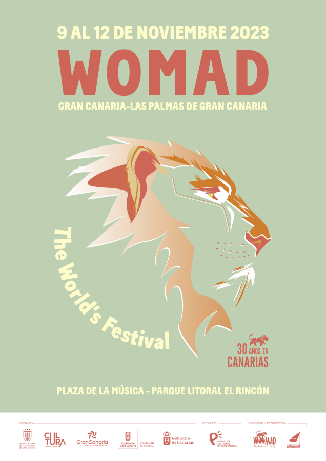 El icónico león de WOMAD dibuja un globo terráqueo en el cartel que celebra el trigésimo aniversario del Festival